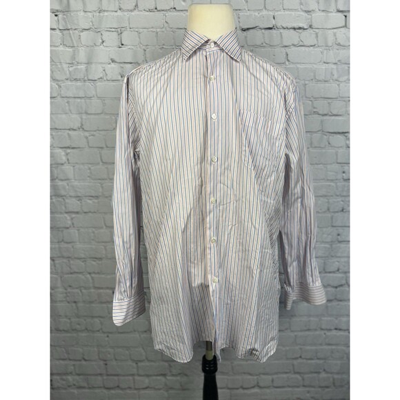 Solemare Maus Hoffman Dress Shirt Men 17/43 White,Orange,Blue Striped Button Up - Picture 2 of 8